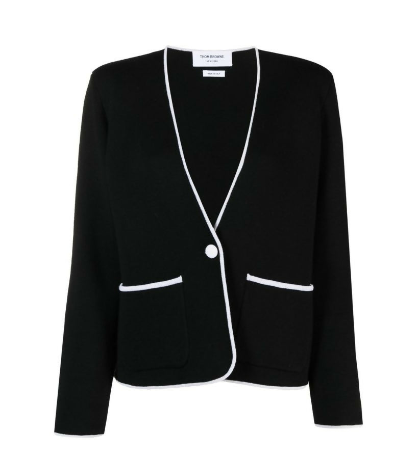 Thom Browne, Contrasting-Trim Collarless Jacket