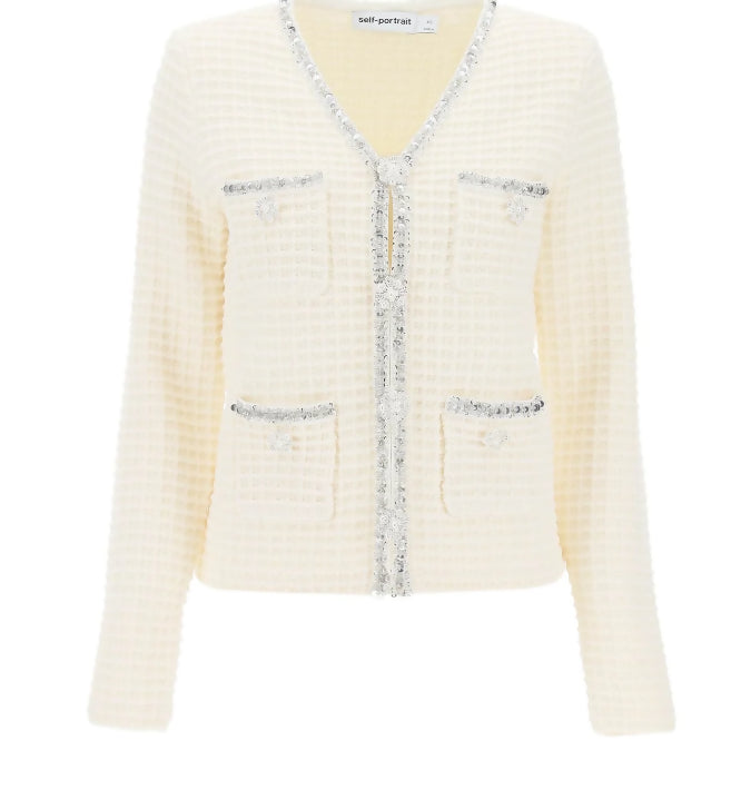 Self-Portrait, Sequin Embellished Buttoned Waffle Knitted Cardigan