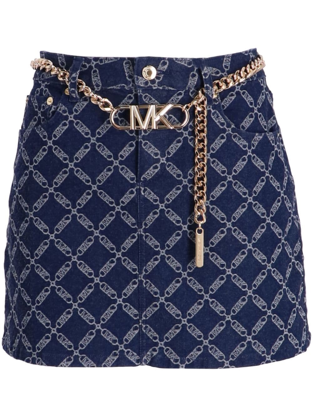 Michael Kors, Empire Logo Denim Belted Mini Skirt